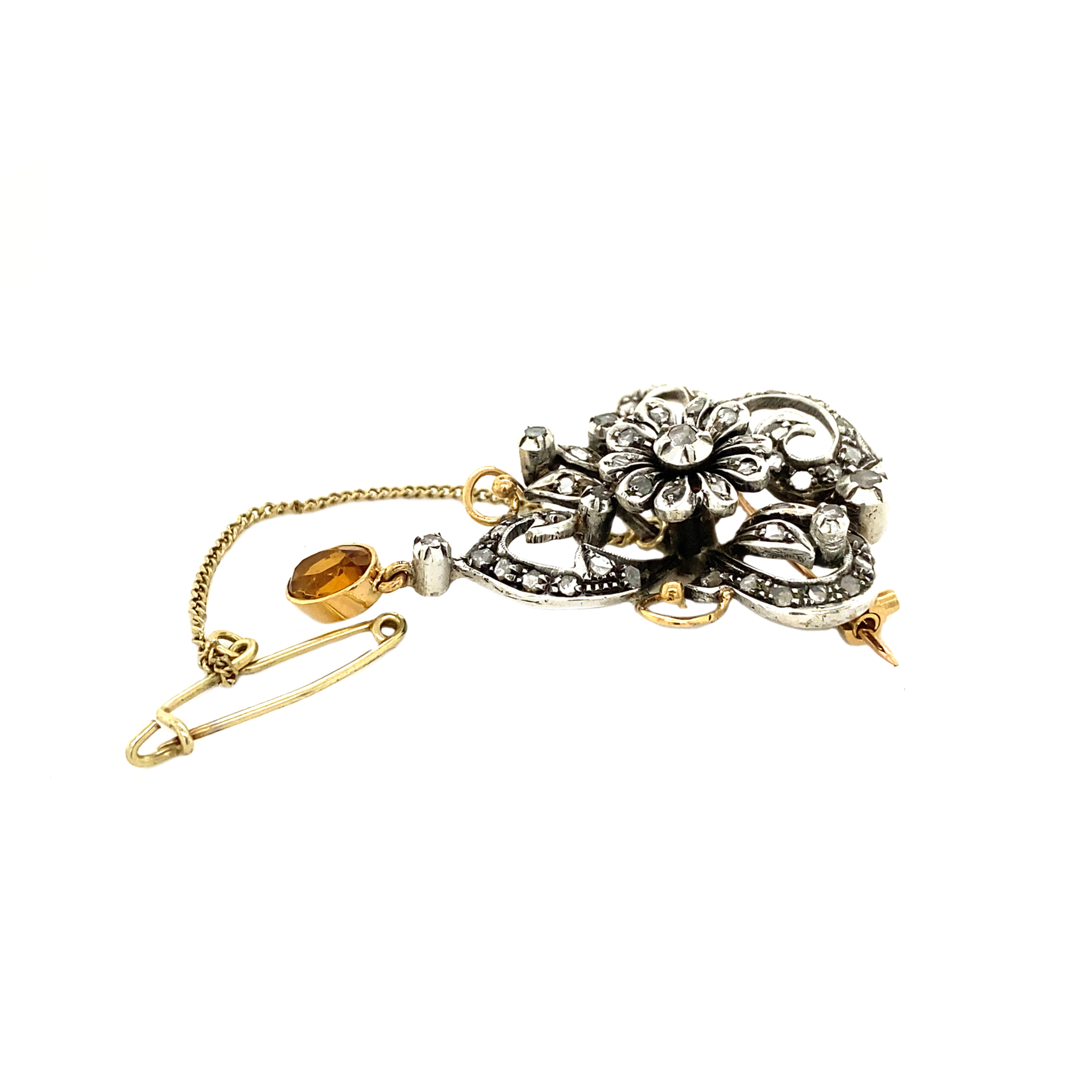 Vintage 14K Gold Brooch with Rose Cut Diamond in Silver